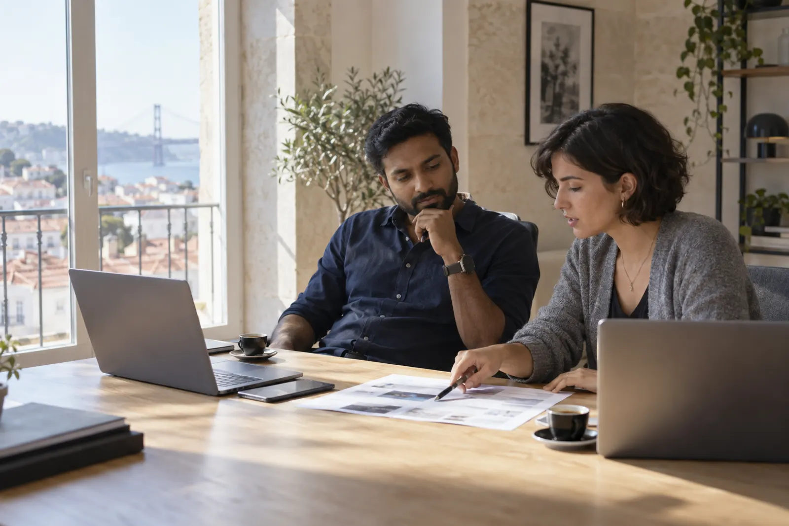 Two analysts going through a scored conversation at a shared desk