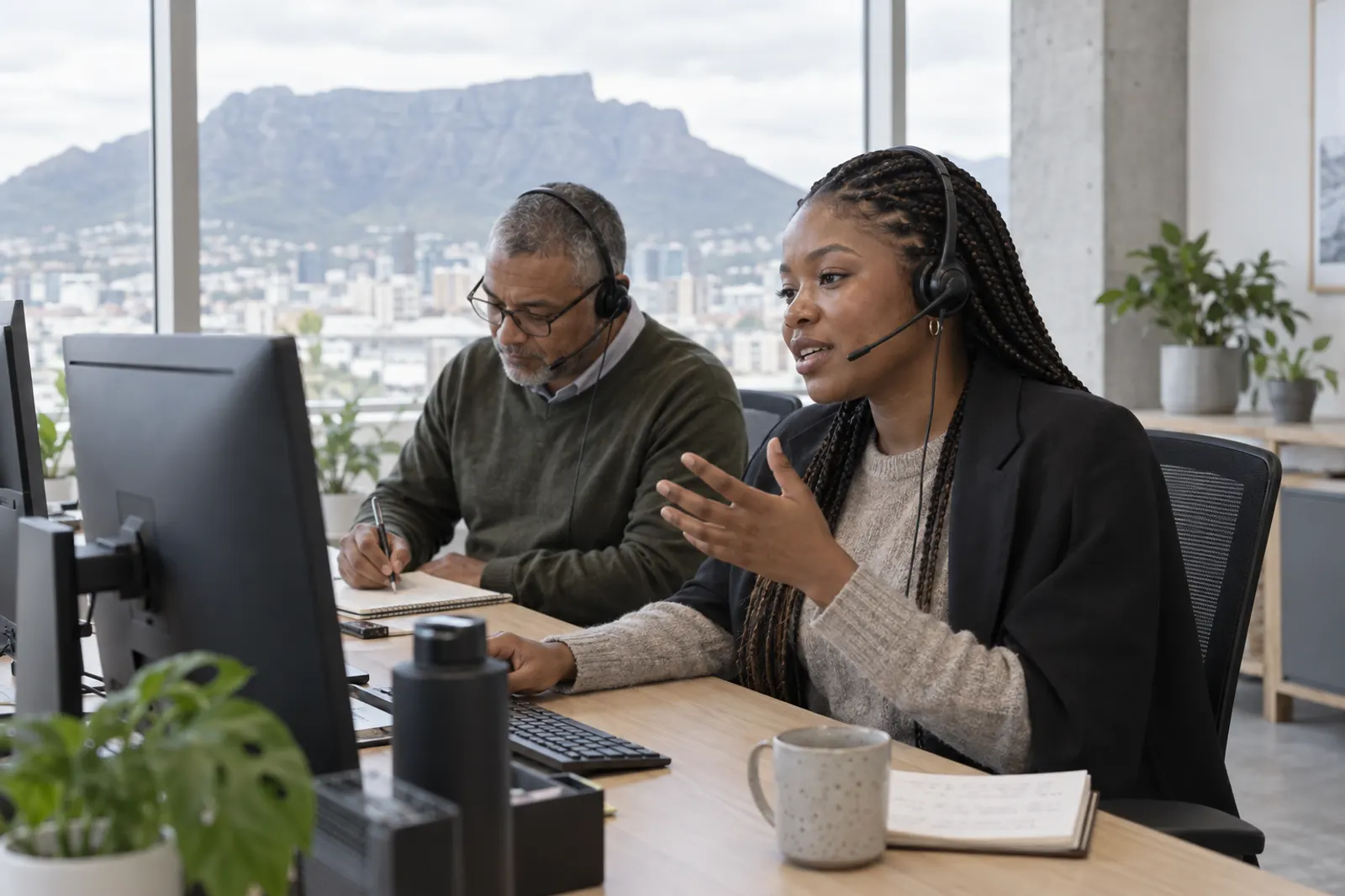 Agents with headsets on calls at the rebooking desk