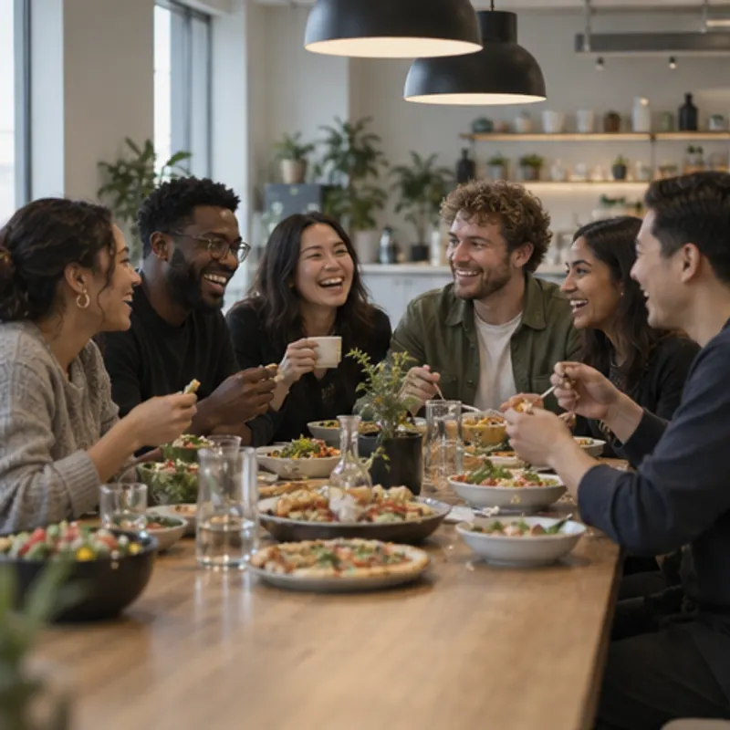 A team sharing lunch at a long table in the studio