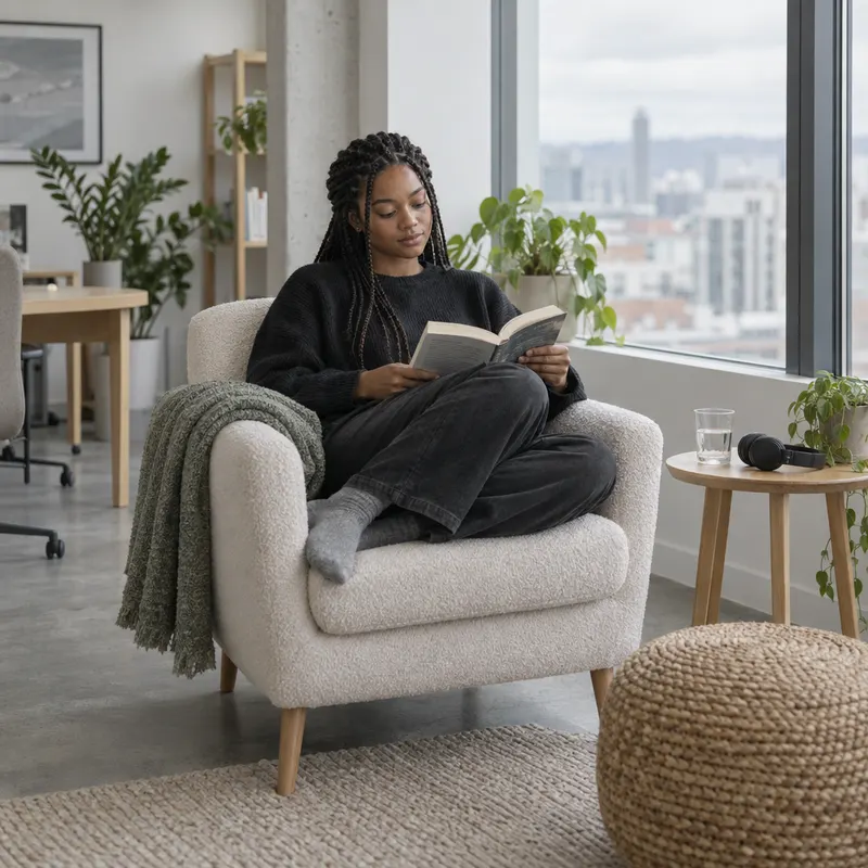 A calm room with soft chairs and plants for breaks