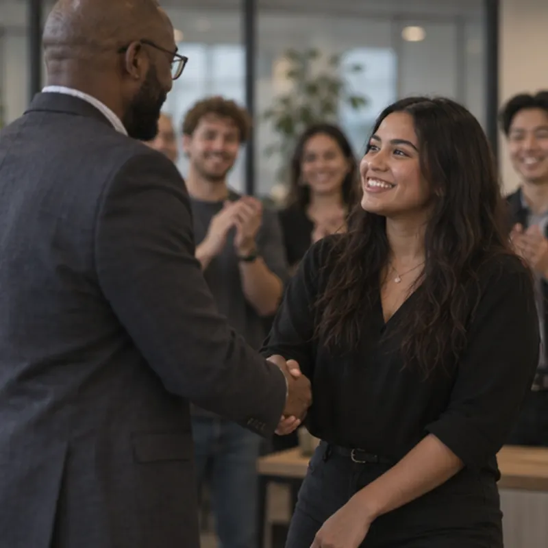 A new team lead shaking hands with the studio manager