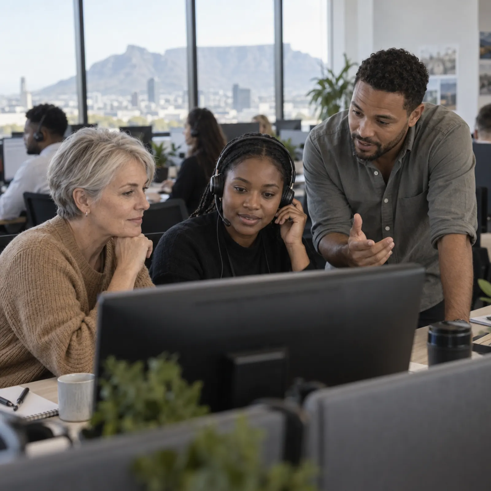 A client manager sitting in with a Parley team lead at an agent’s desk