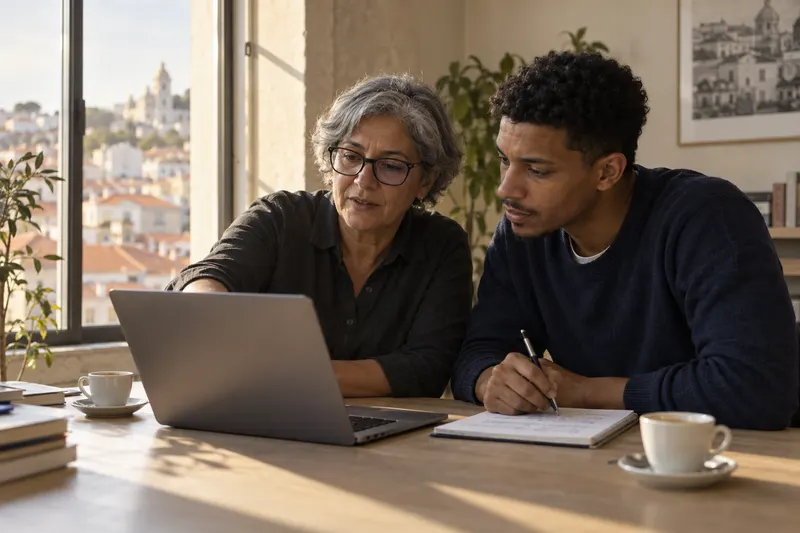 Two reviewers checking a decided case together on one laptop