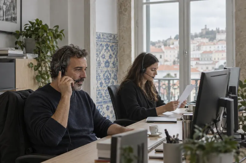 Trust and safety reviewers at their desks in the Lisbon studio